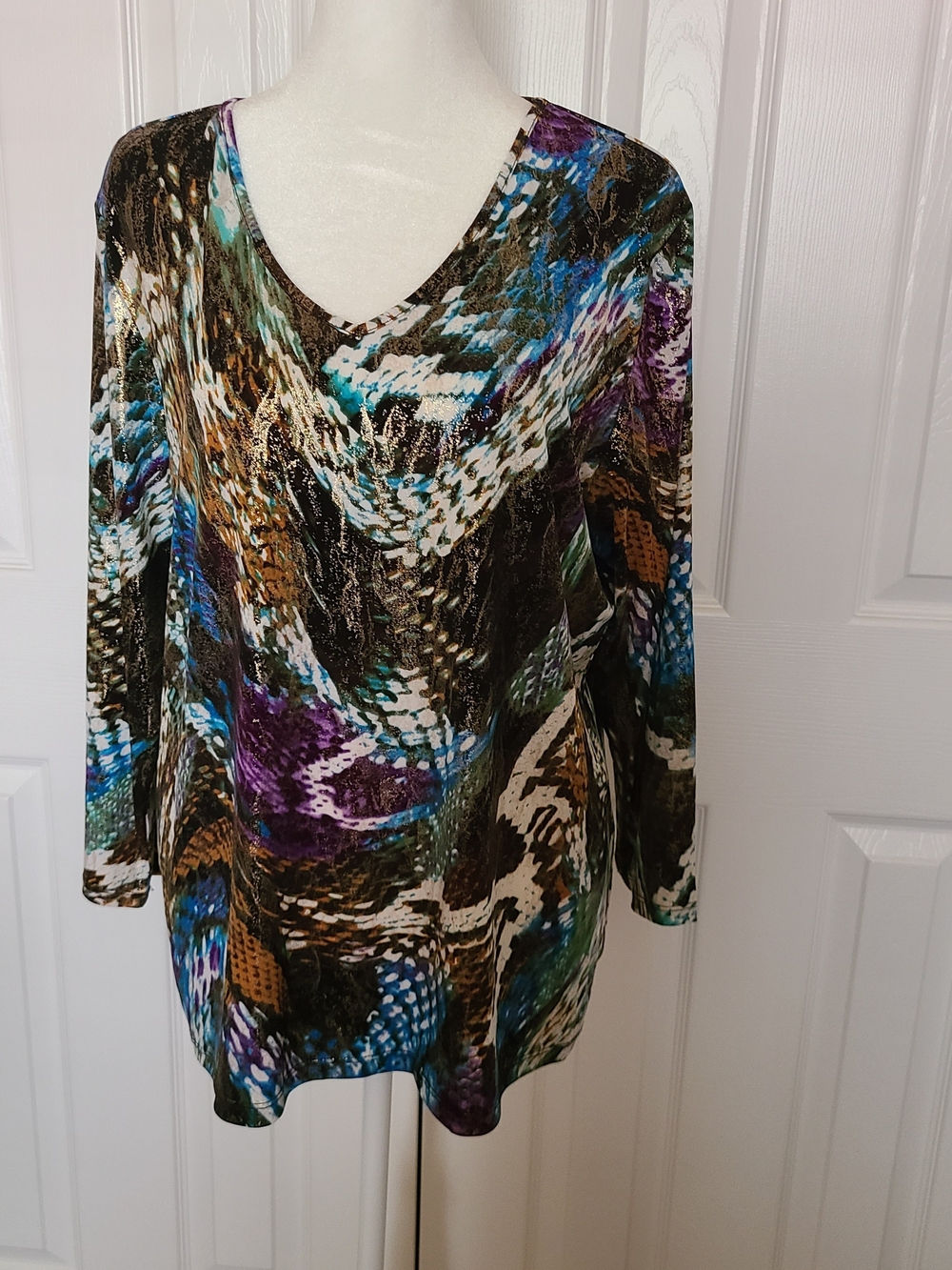 Vintage TanJay Multi Long Sleeve Blouse in Blue, Purple, Brown & Cream Size L
